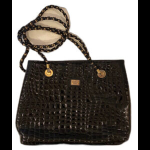 Vintage Studio Bag 1980’s Chanel Style Black Moc Crocodile Shoulder Purse Chic